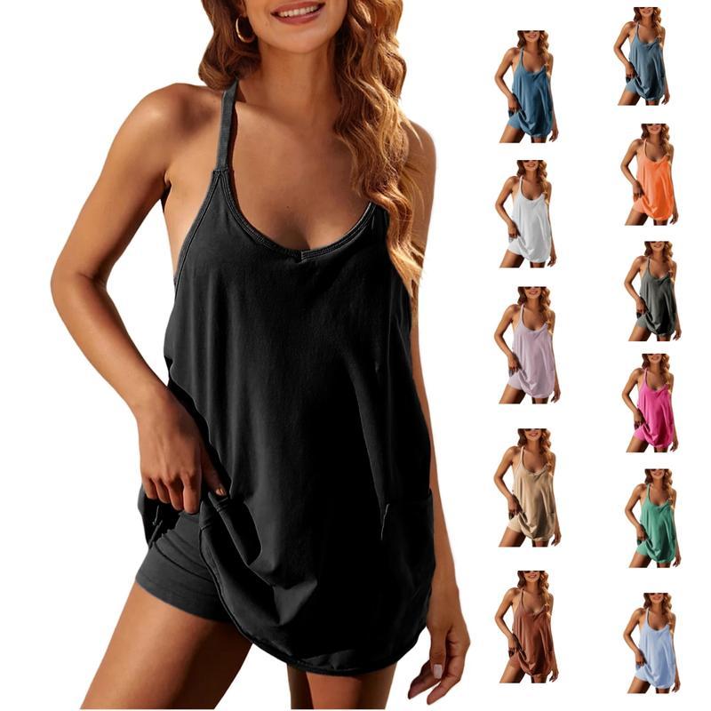 🔥Women's Athletic Sleeveless Mini Dress with Built-in Shorts V Neck Spaghetti Strap Short Tennis Dress with Pockets