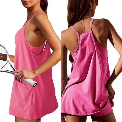 🔥Women's Athletic Sleeveless Mini Dress with Built-in Shorts V Neck Spaghetti Strap Short Tennis Dress with Pockets