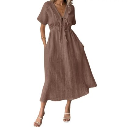 Last Day 49% OFF 🔥 Women's Lightweight Summer Cotton Dress V-Neck Bohemian Casual Loose Short Sleeve Drawstring Beach Dress with Pockets