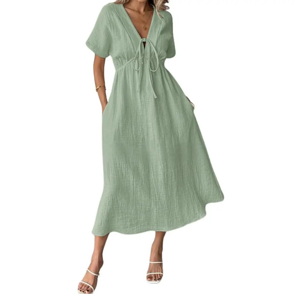 Last Day 49% OFF 🔥 Women's Lightweight Summer Cotton Dress V-Neck Bohemian Casual Loose Short Sleeve Drawstring Beach Dress with Pockets