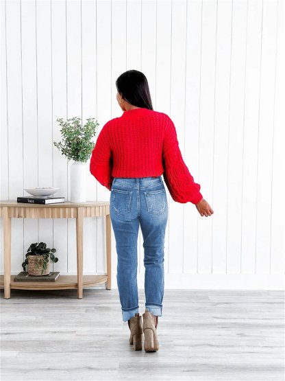 Tummy Control Distressed Cuffed Boyfriend Jeans