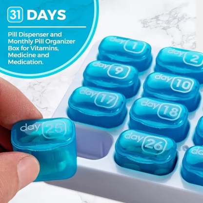 💊 Monthly Pill Organizer with Lid - Arthritis-Friendly Easy-Open Lids 31 Removable Daily Pill Pods Date Reminder & Travel Case for Vitamins & Medications