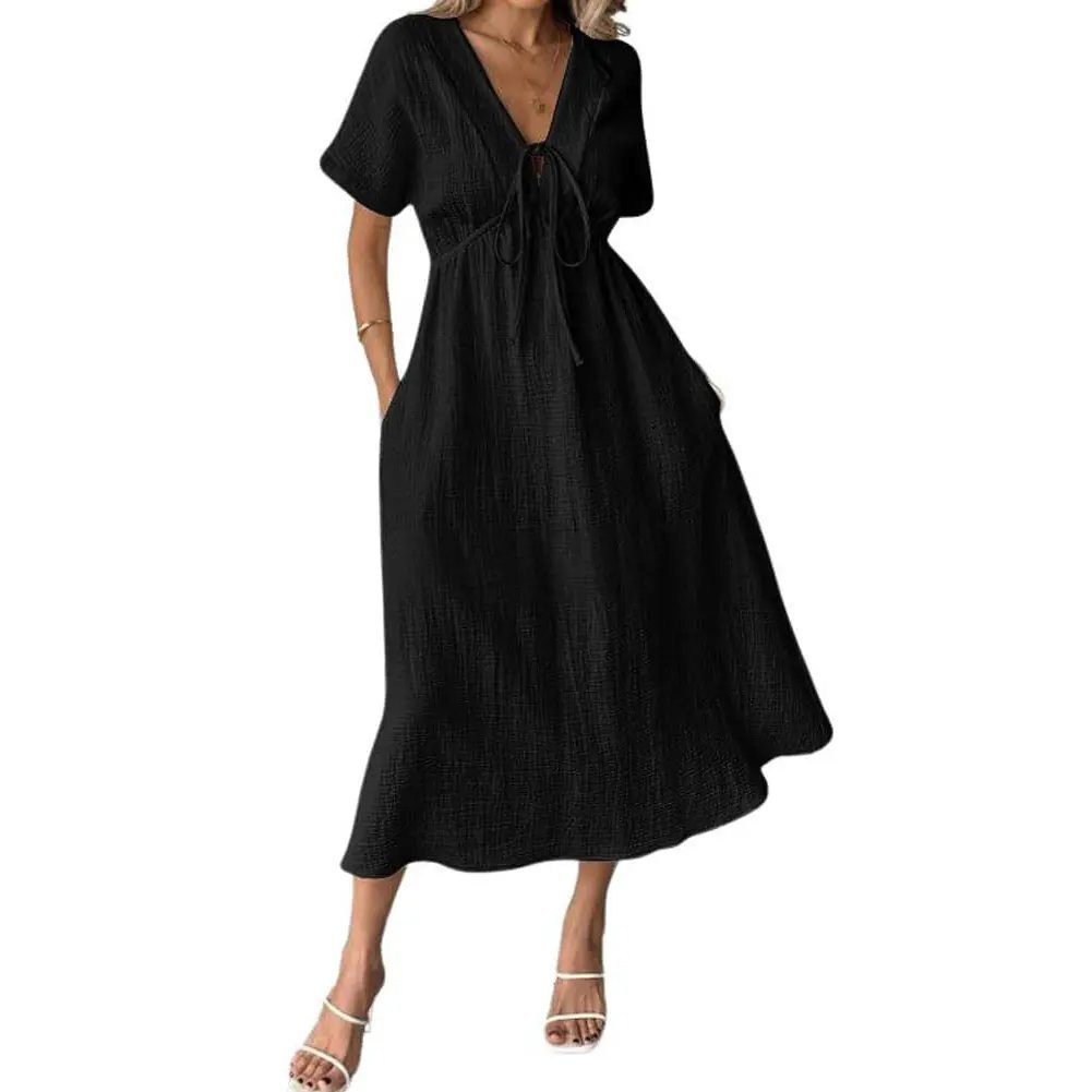 Last Day 49% OFF 🔥 Women's Lightweight Summer Cotton Dress V-Neck Bohemian Casual Loose Short Sleeve Drawstring Beach Dress with Pockets