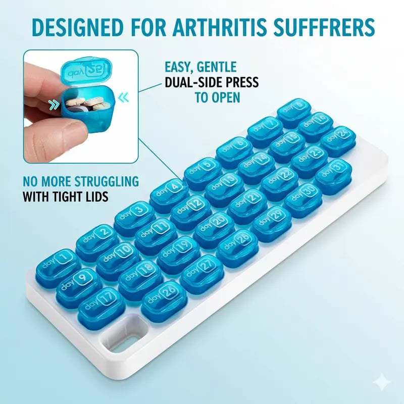 💊 Monthly Pill Organizer with Lid - Arthritis-Friendly Easy-Open Lids 31 Removable Daily Pill Pods Date Reminder & Travel Case for Vitamins & Medications
