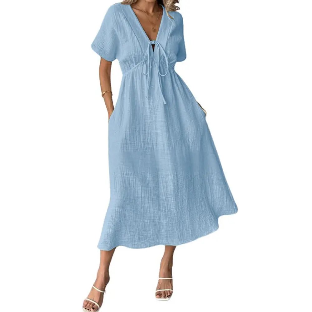 Last Day 49% OFF 🔥 Women's Lightweight Summer Cotton Dress V-Neck Bohemian Casual Loose Short Sleeve Drawstring Beach Dress with Pockets