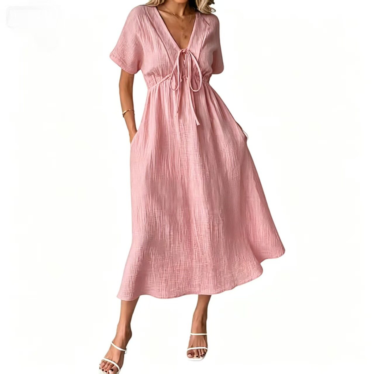 Last Day 49% OFF 🔥 Women's Lightweight Summer Cotton Dress V-Neck Bohemian Casual Loose Short Sleeve Drawstring Beach Dress with Pockets