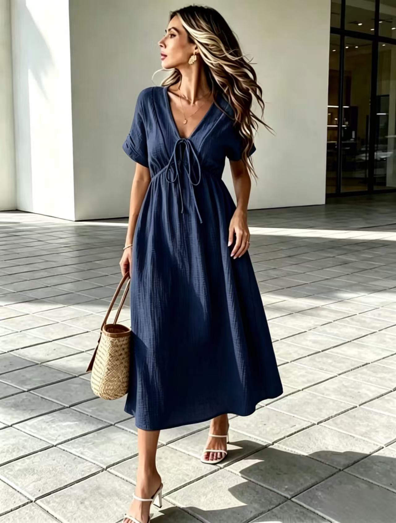 Last Day 49% OFF 🔥 Women's Lightweight Summer Cotton Dress V-Neck Bohemian Casual Loose Short Sleeve Drawstring Beach Dress with Pockets