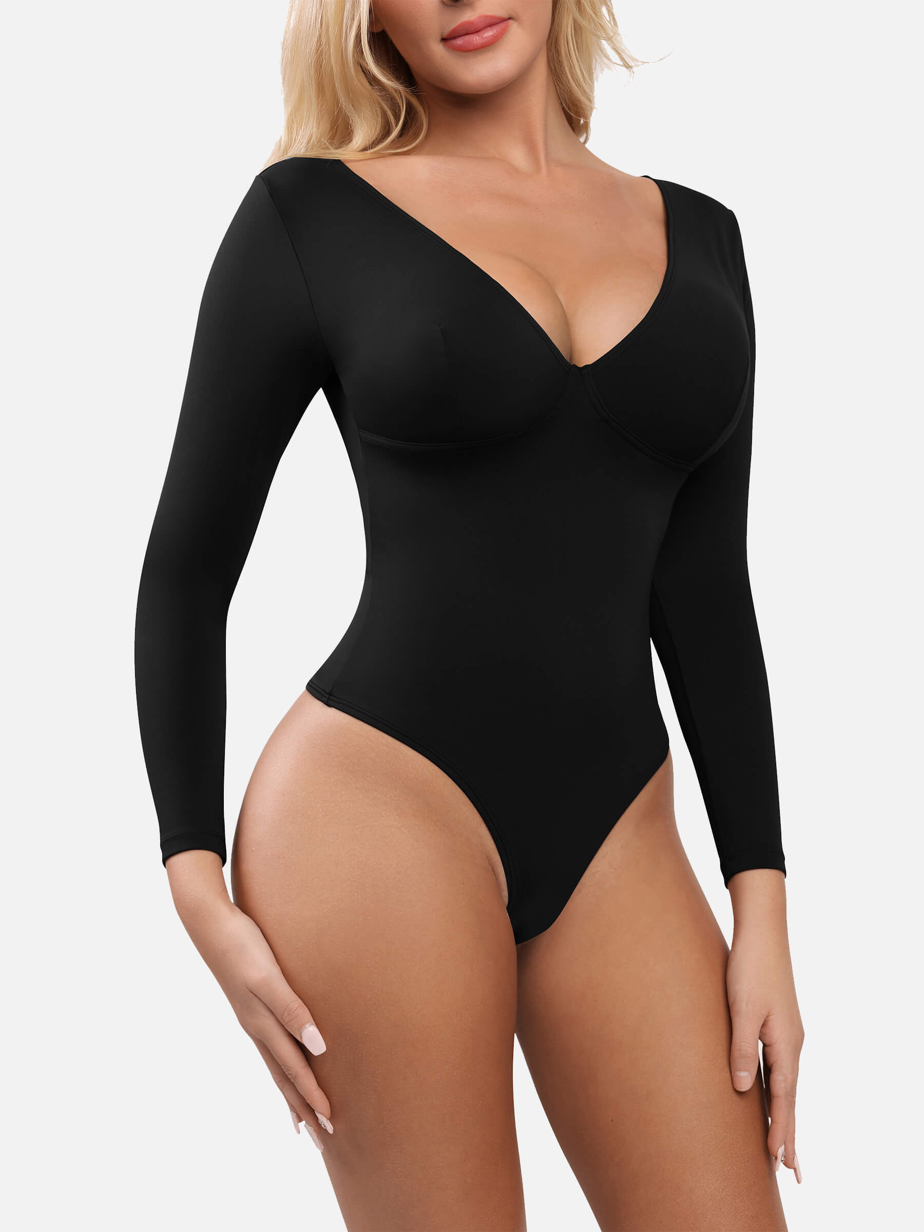 V Neck Tummy Control Thong Bodysuit