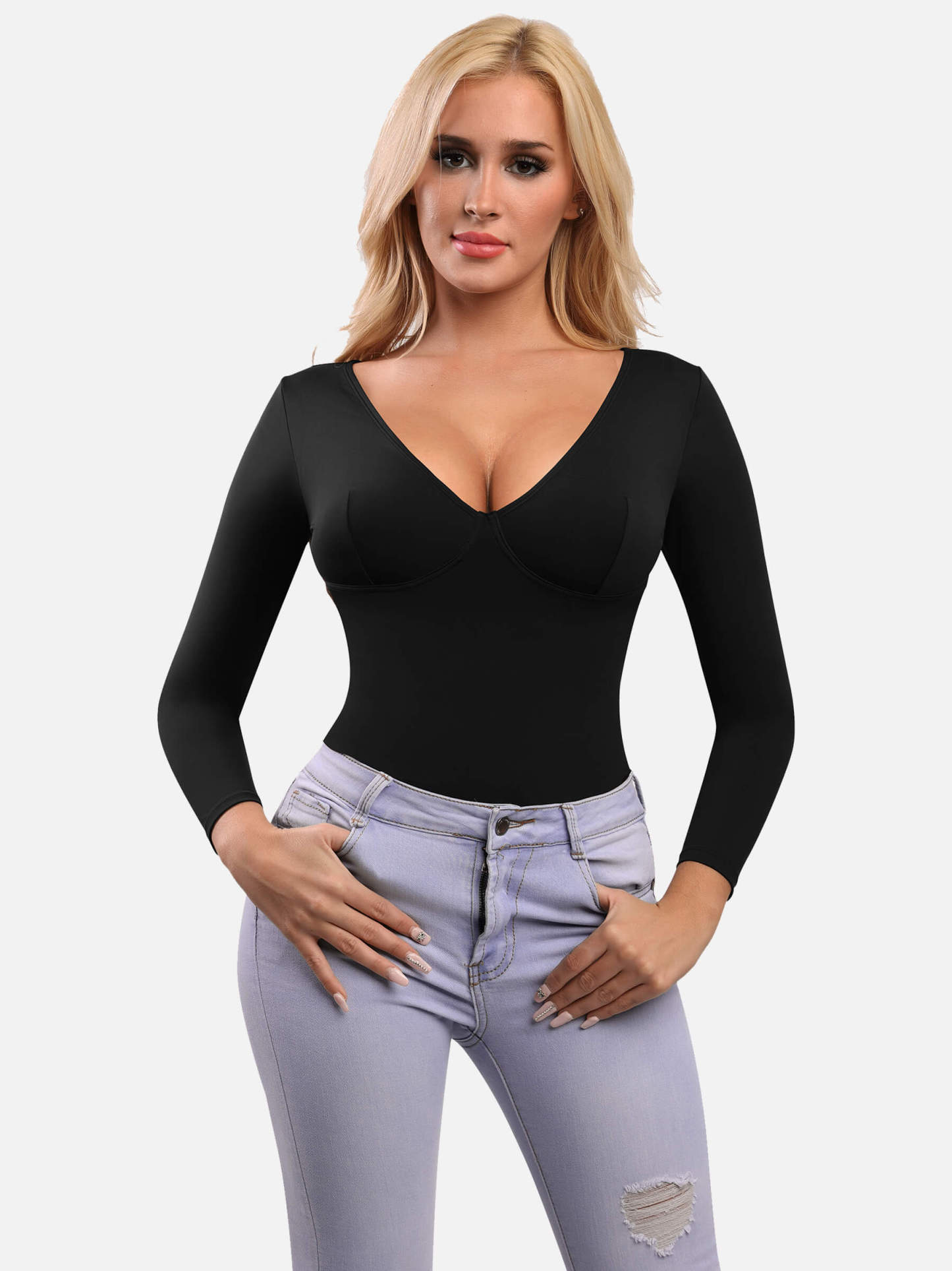 V Neck Tummy Control Thong Bodysuit