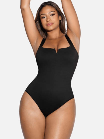 V Neck Tummy Control Thong Bodysuit