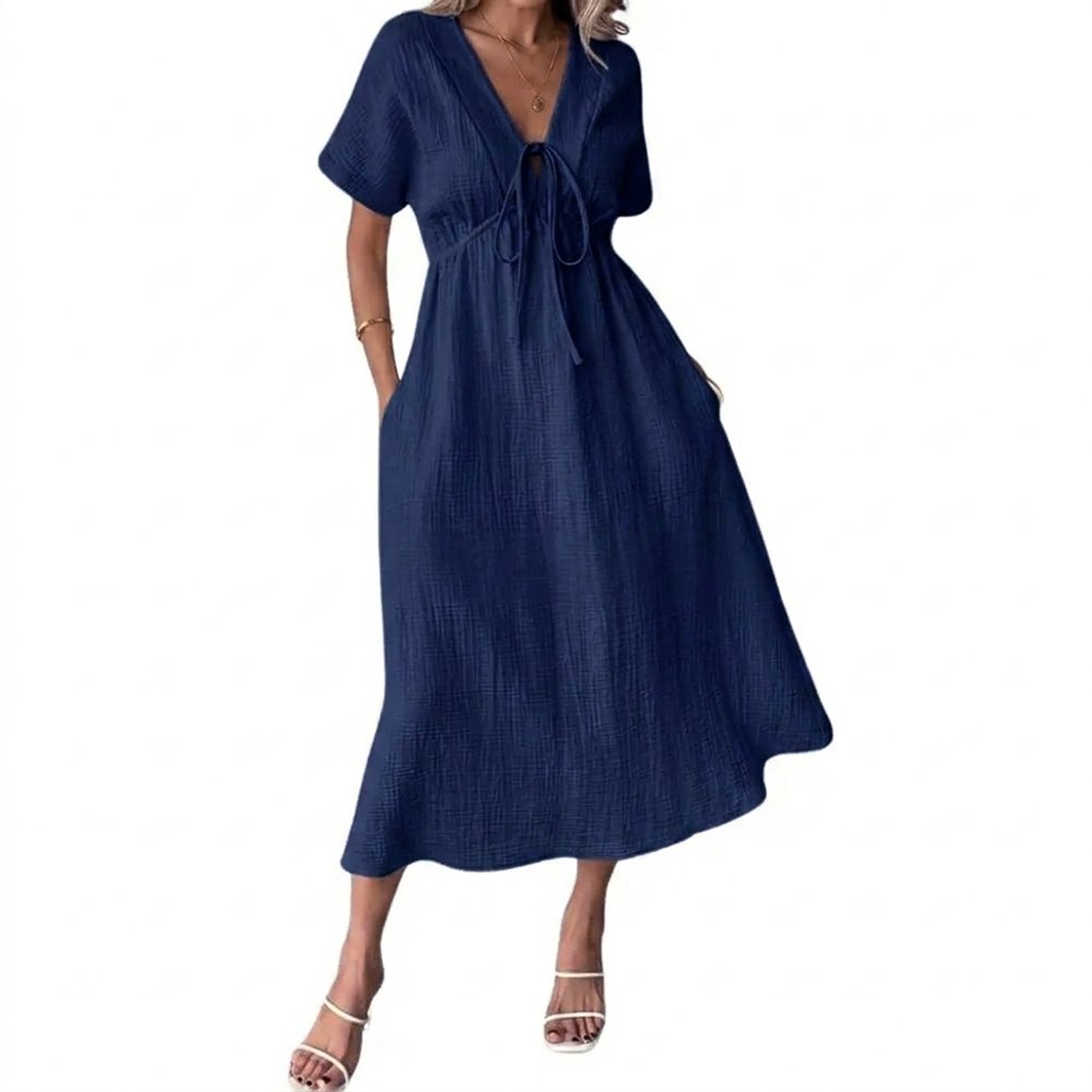 Last Day 49% OFF 🔥 Women's Lightweight Summer Cotton Dress V-Neck Bohemian Casual Loose Short Sleeve Drawstring Beach Dress with Pockets