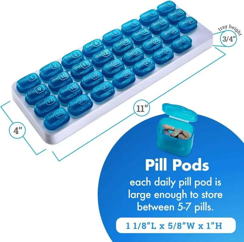 💊 Monthly Pill Organizer with Lid - Arthritis-Friendly Easy-Open Lids 31 Removable Daily Pill Pods Date Reminder & Travel Case for Vitamins & Medications