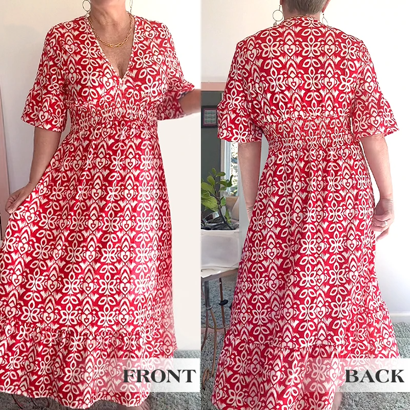 Bohemian casual print V-neck shirred waist long dress