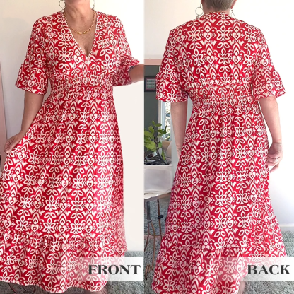 Bohemian casual print V-neck shirred waist long dress