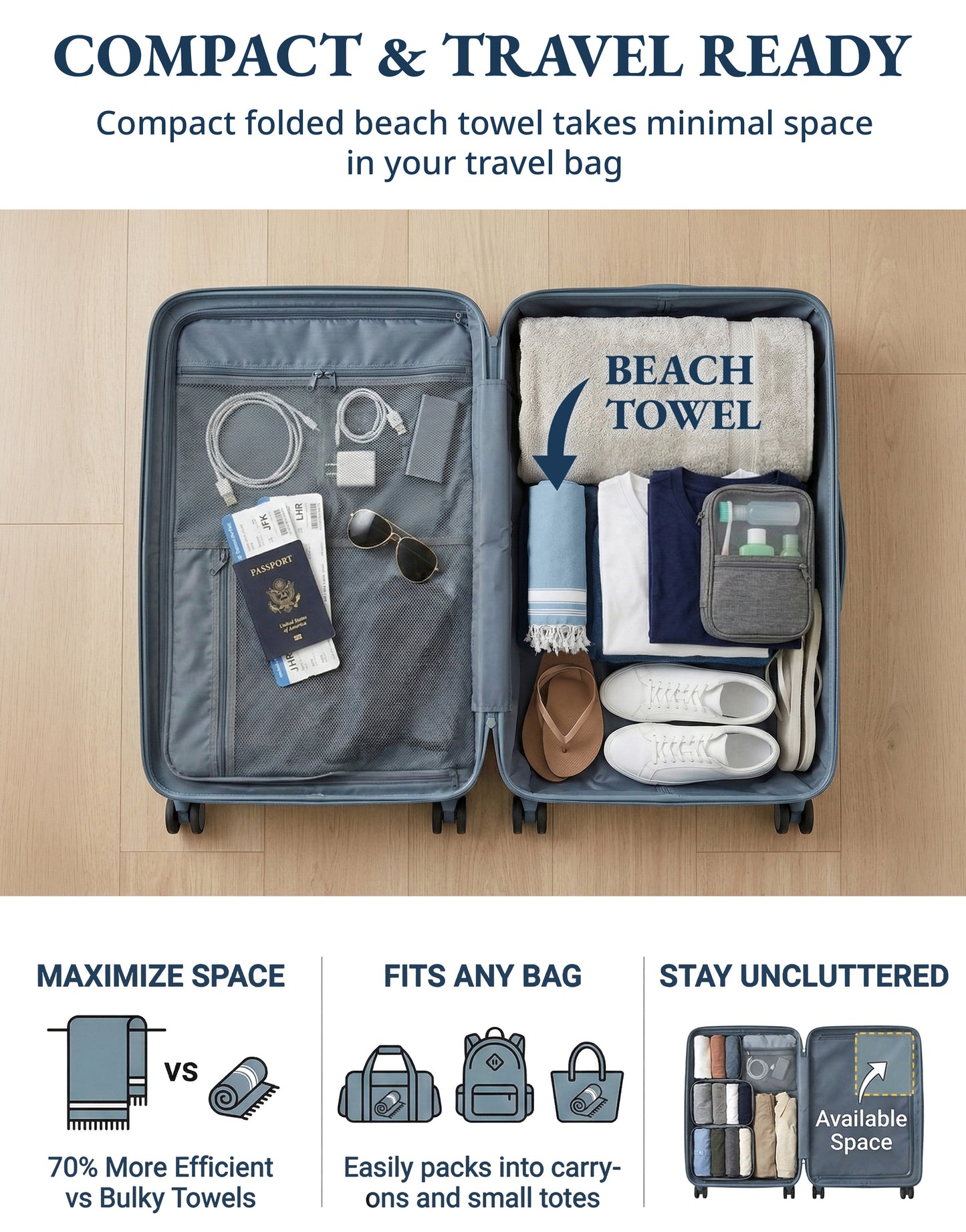 Towel rolled up compactly next to everyday items