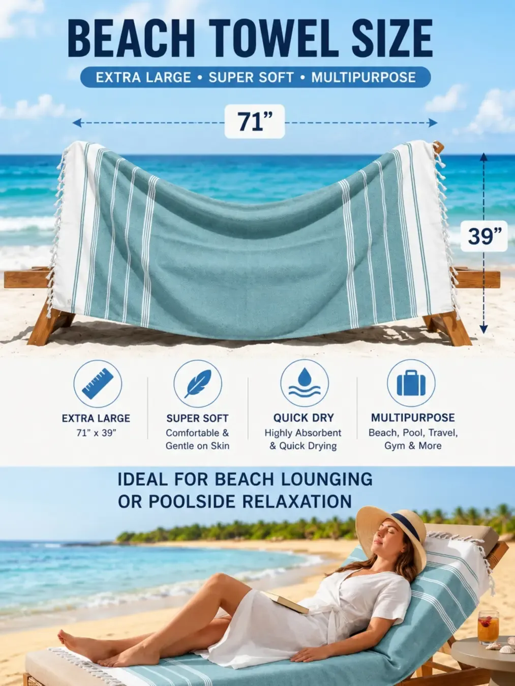 Lightweight Soft Modern Flat-Weave XL Beach Towel (39" x 71")