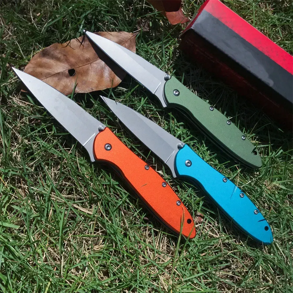 KS 1660 Ken Onion Leek Assisted Flipper Knife 3" Bead Blast Plain Blade, Orange Stainless Steel Handles Folding Pocket Knife Outdoor Hunting Tool Camping Fishing
