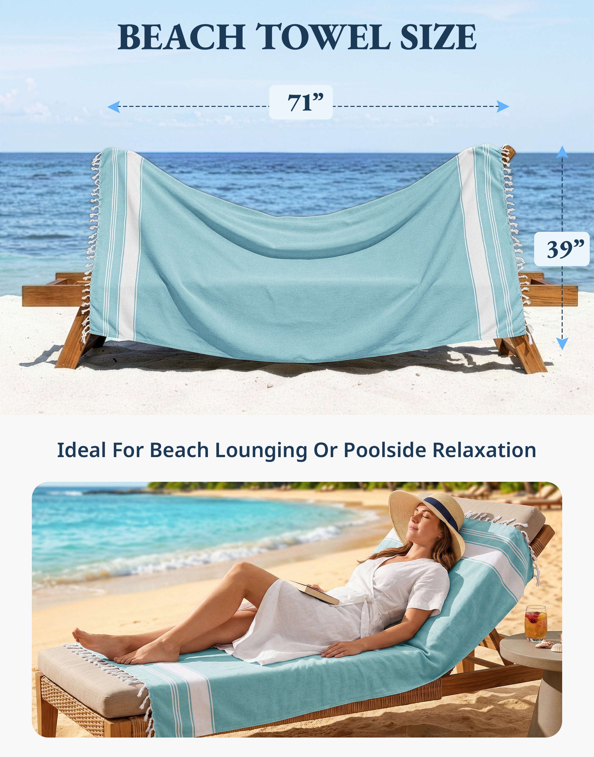 Beach towel dimensions chart, 39 by 71 inches