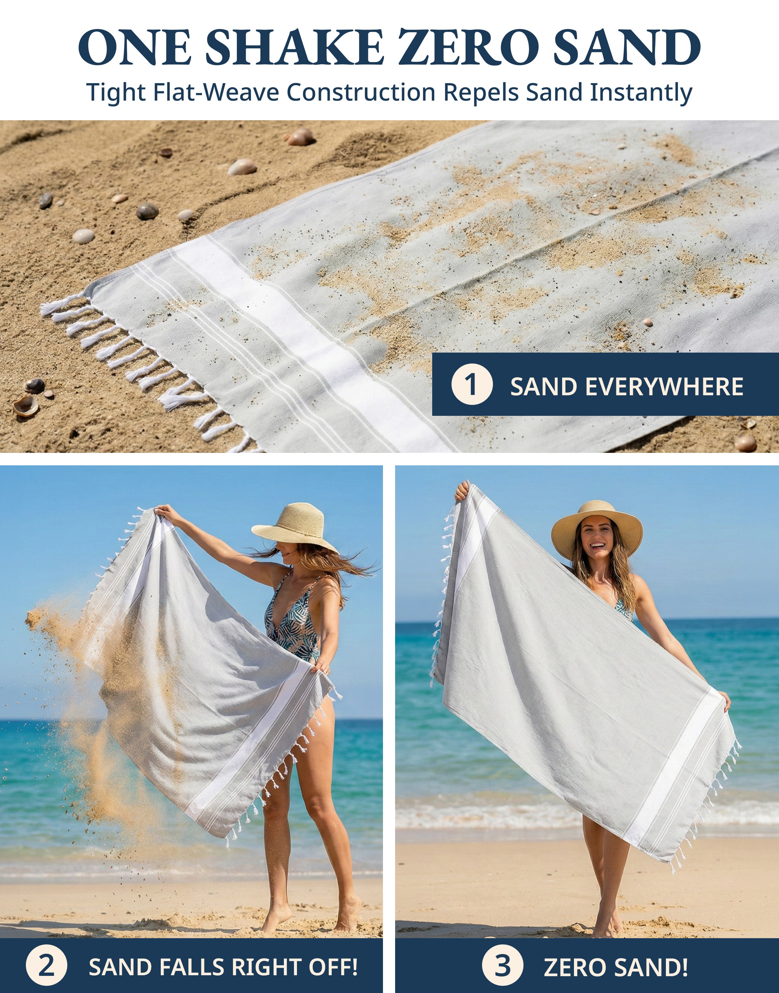 Shaking sand off the towel with a single flick