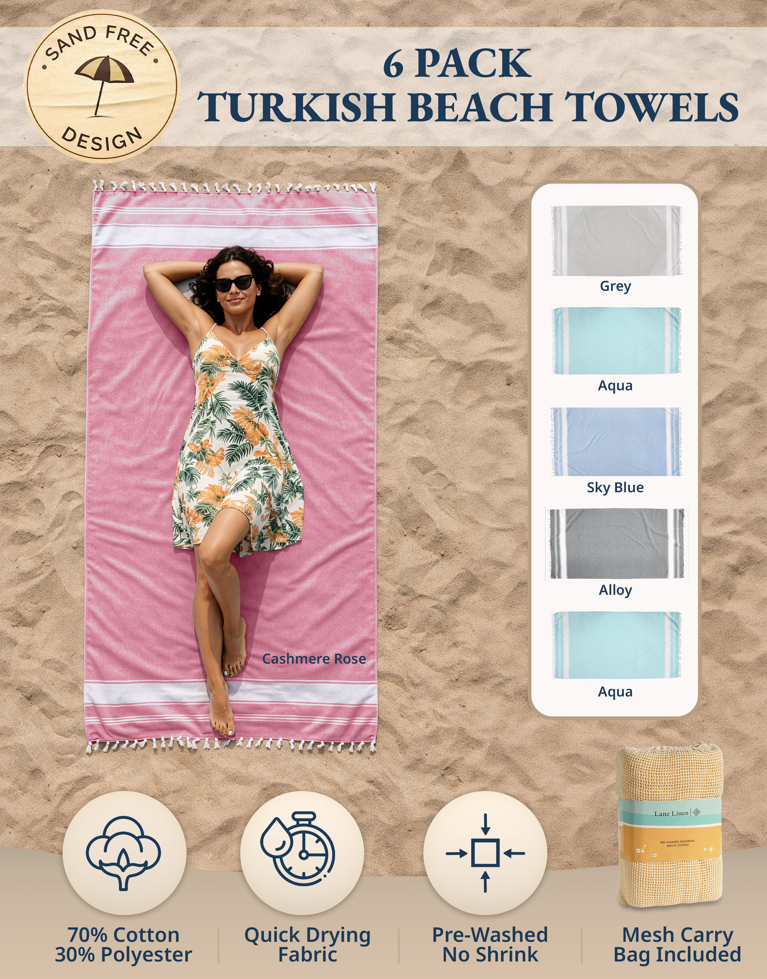 Modern Flat-Weave XL Beach Towel laid out on the sand