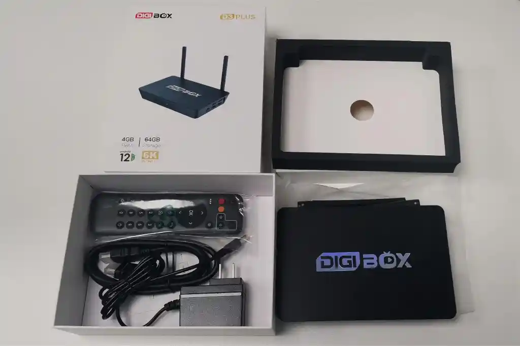 Your DigiBox package includes:  DigiBox D3 Plus device,  Power adapter,  HDMI cable,  Voice remote control (pre-paired for quick use),  Easy-read user guide