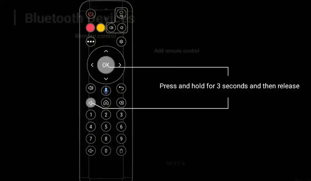 You'll need to set up the Bluetooth connection to ensure your remote control works seamlessly with your DIGIBox. Press and hold the volume and OK buttons simultaneously for three seconds.  Release them, and your remote should be paired successfully.