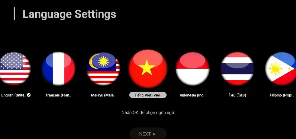 A welcome screen will appear. Use the remote’s OK button to select your preferred language (e.g., English, Spanish).