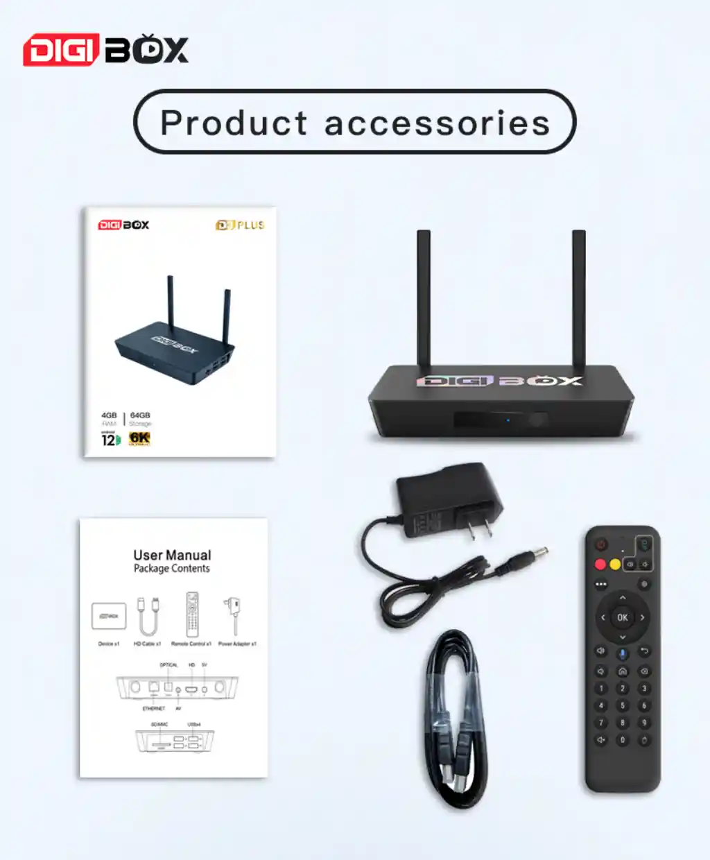 What's in the Digibox? Digibox D3 Plus, Digibox TV Remote, HDMI Cable, Power Cable, Quick Start Guide.