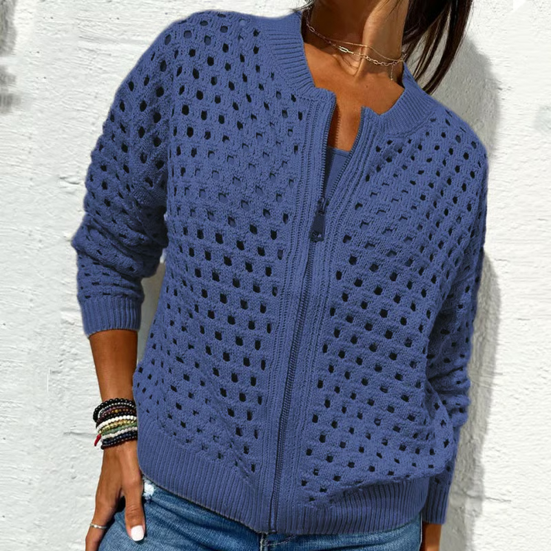 Women's Casual Zipper Knit Jacket with Hollow Design