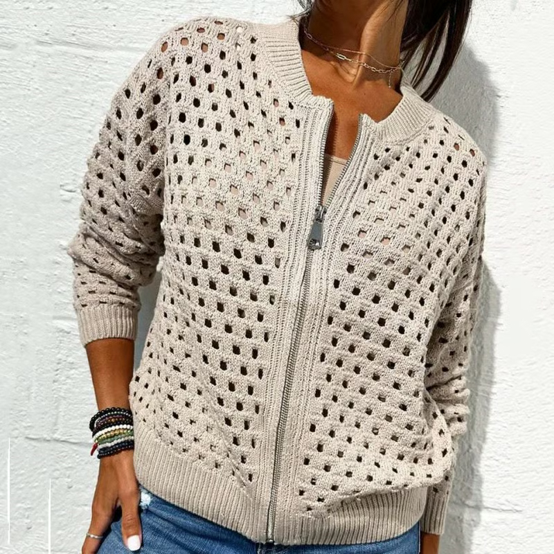 Women's Casual Zipper Knit Jacket with Hollow Design