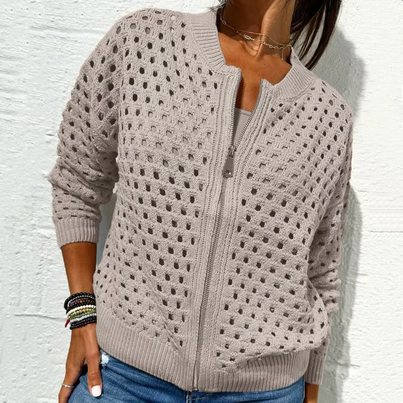 Women's Casual Zipper Knit Jacket with Hollow Design
