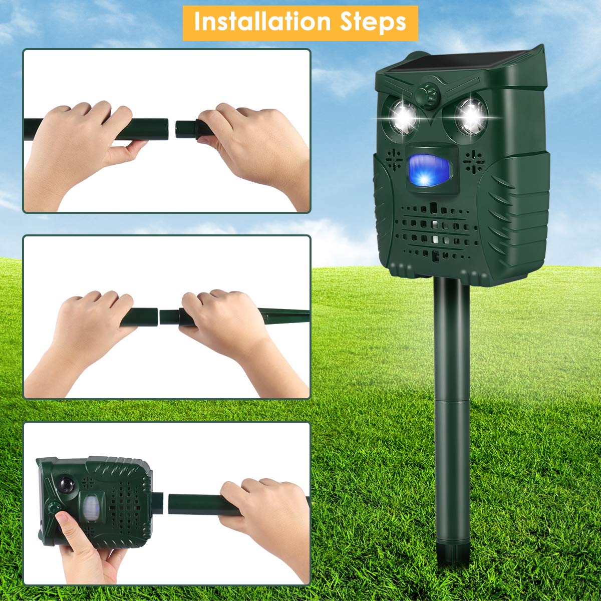 Solar Ultrasonic Pest Mouse Repeller Cat Mouse Repelled PIR Motion Sensor Flashlight Outdoor Garden