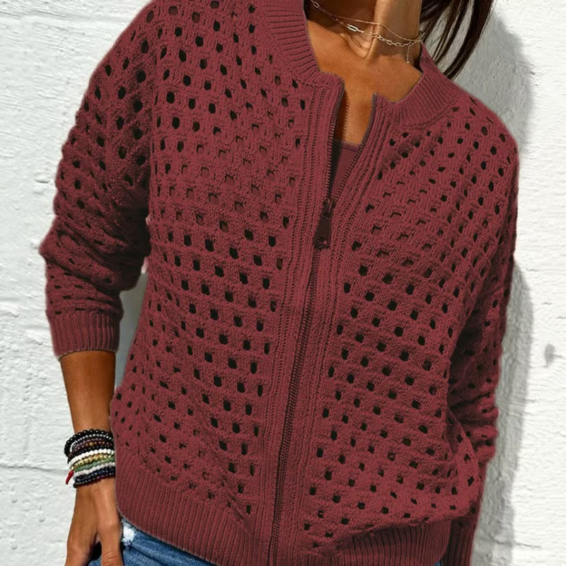 Women's Casual Zipper Knit Jacket with Hollow Design