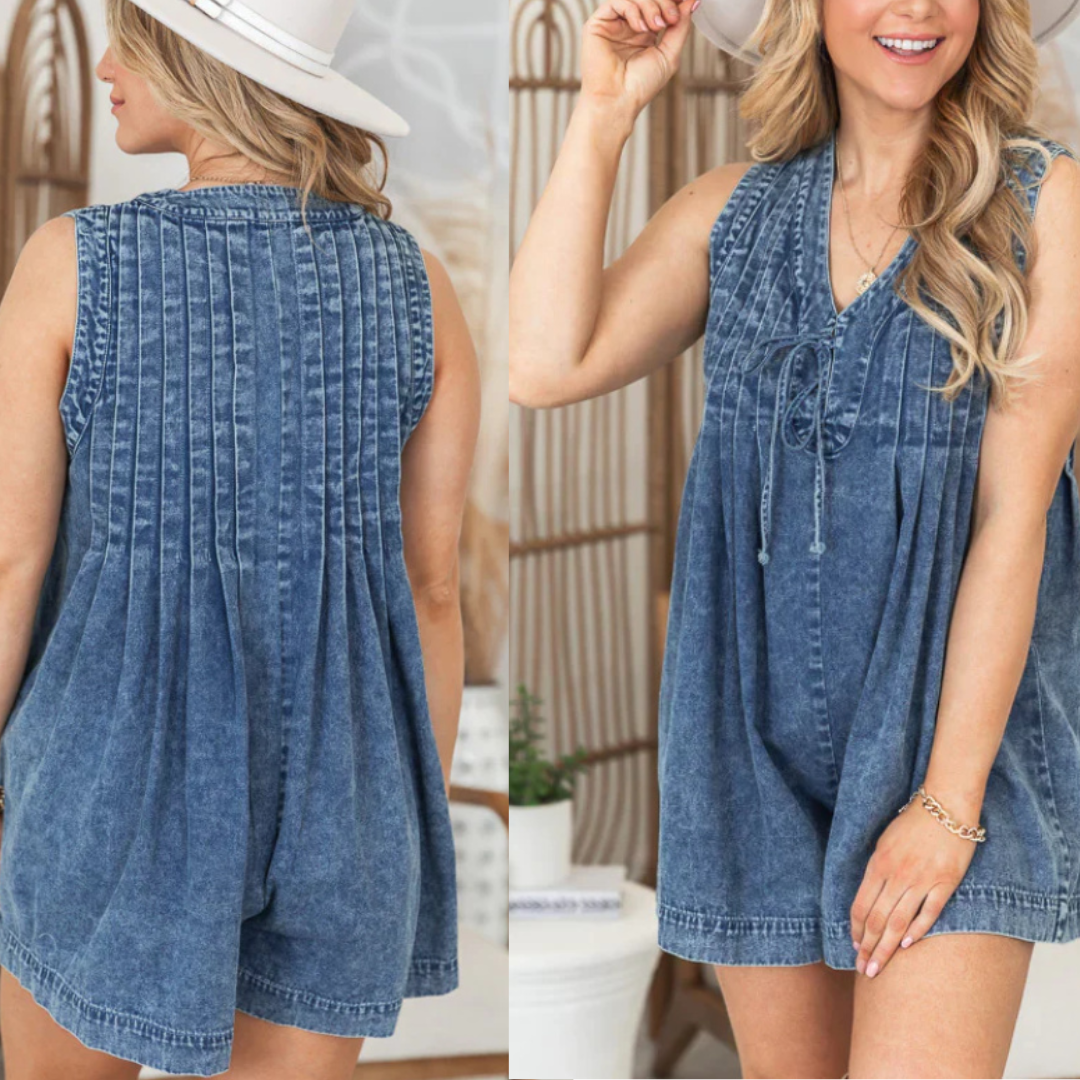 Women's Sleeveless Pleated Denim Bodysuit