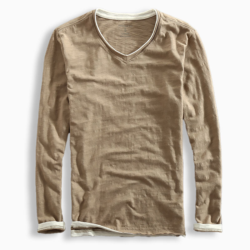 Men’s V-Neck Cotton Long-Sleeved Shirt
