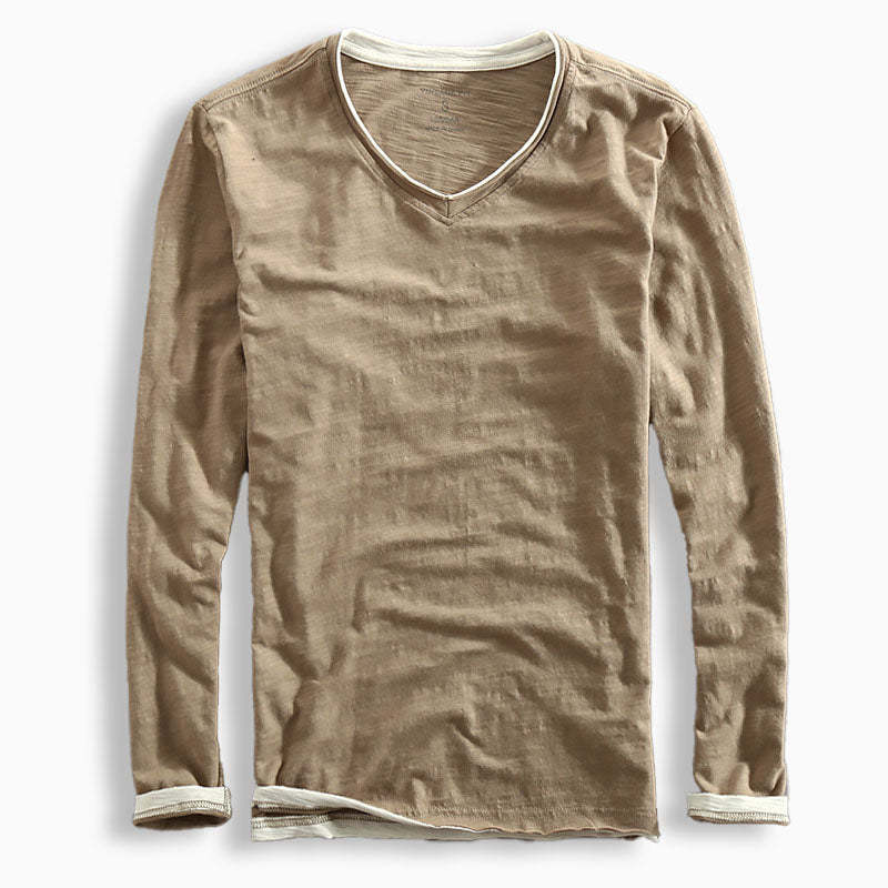 Men’s V-Neck Cotton Long-Sleeved Shirt