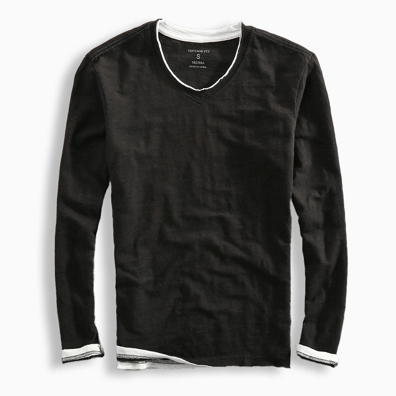 Men’s V-Neck Cotton Long-Sleeved Shirt