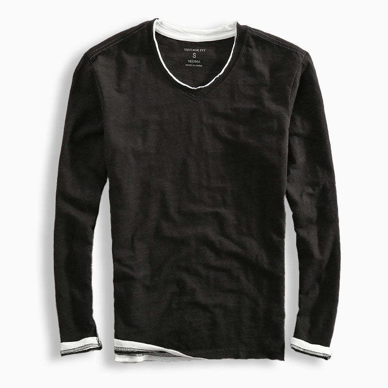 Men’s V-Neck Cotton Long-Sleeved Shirt