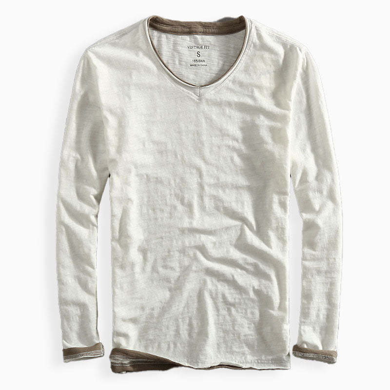 Men’s V-Neck Cotton Long-Sleeved Shirt