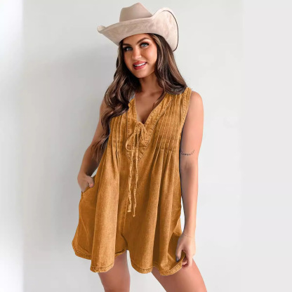 Women's Sleeveless Pleated Denim Bodysuit