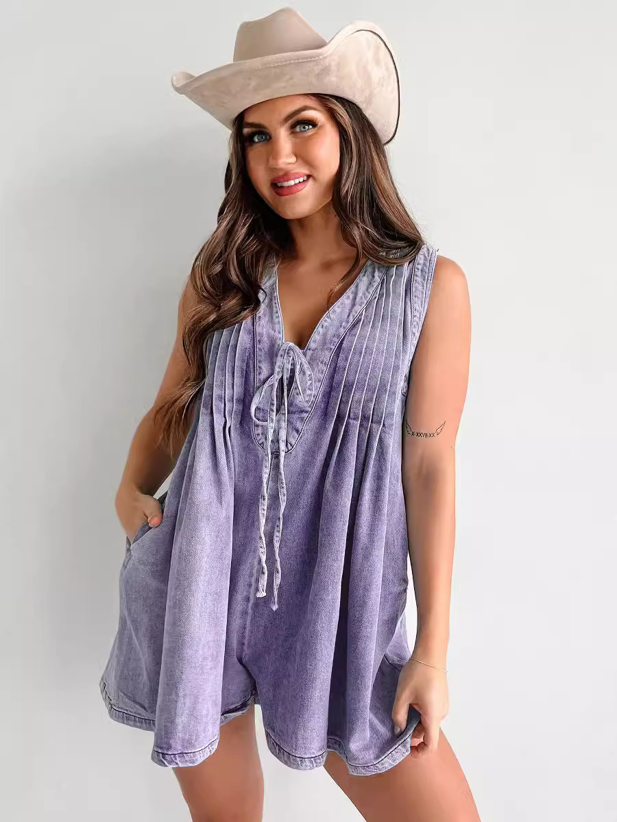 Women's Sleeveless Pleated Denim Bodysuit