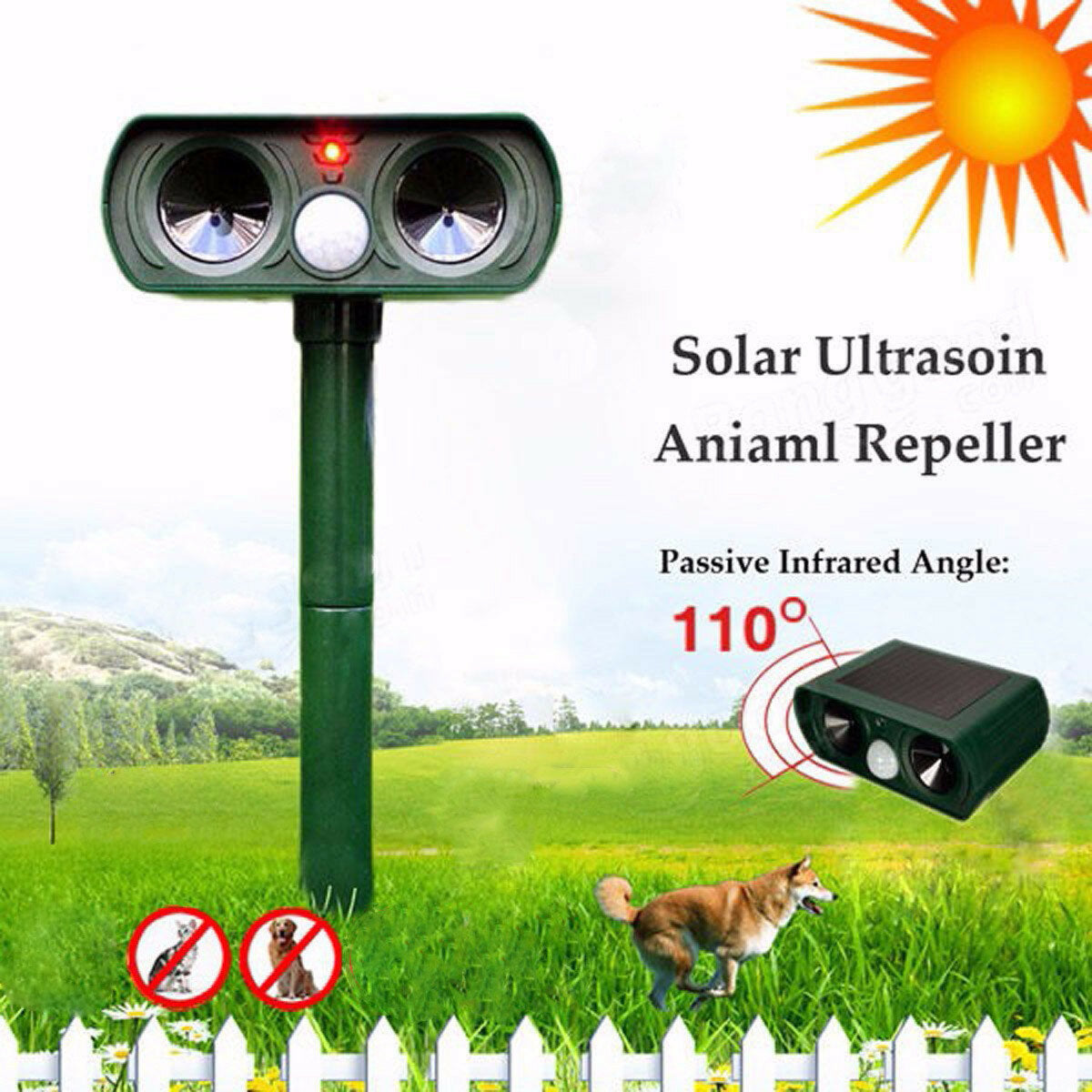 Ultrasonic Solar Power Pest Dog Repeller Repellent Cat Dog
