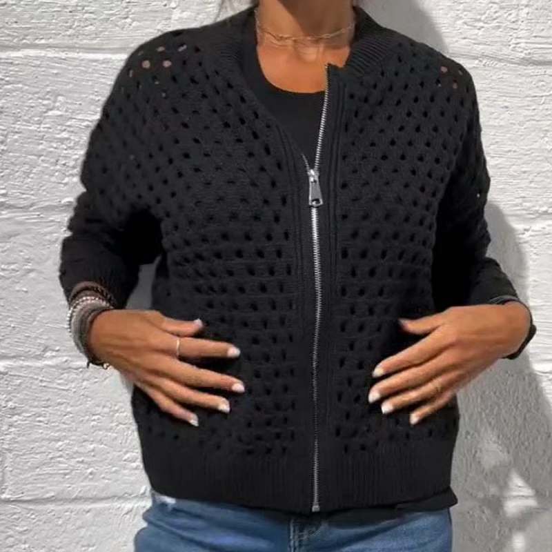 Women's Casual Zipper Knit Jacket with Hollow Design