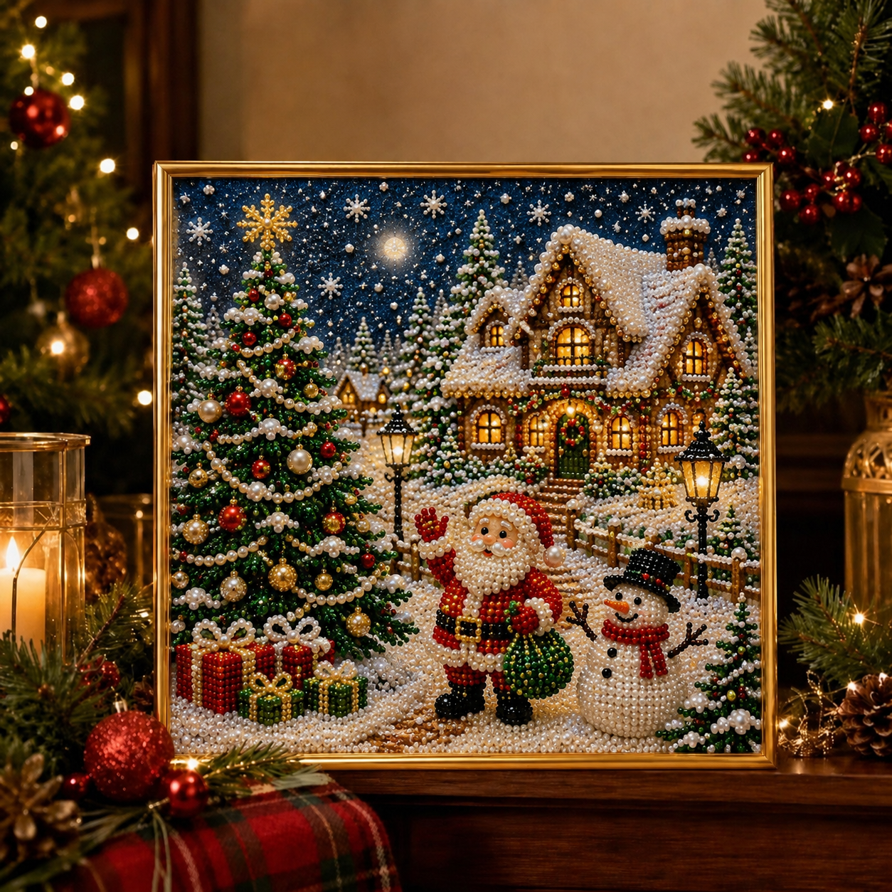 🎄🎅 Premium 3D Pearl Christmas Wall Art Kit | Luxury Flocked Canvas with Scratch-Resistant Non-Fading Pearl Beads DIY Holiday Decor ⛄️❄️