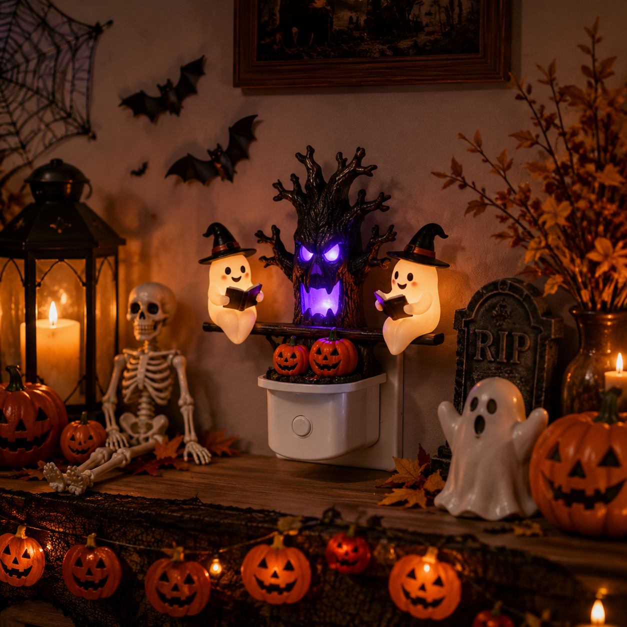 👻💡 Halloween Tree Ghost LED Night Light – Spooky Reading Ghost Table Decor