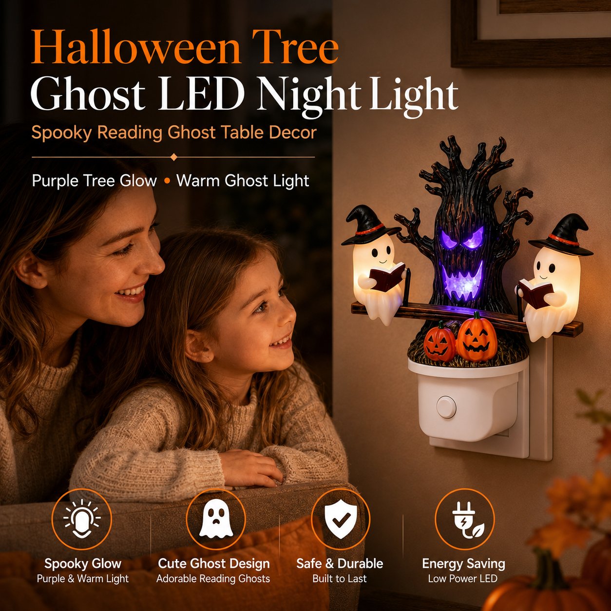 👻💡 Halloween Tree Ghost LED Night Light – Spooky Reading Ghost Table Decor