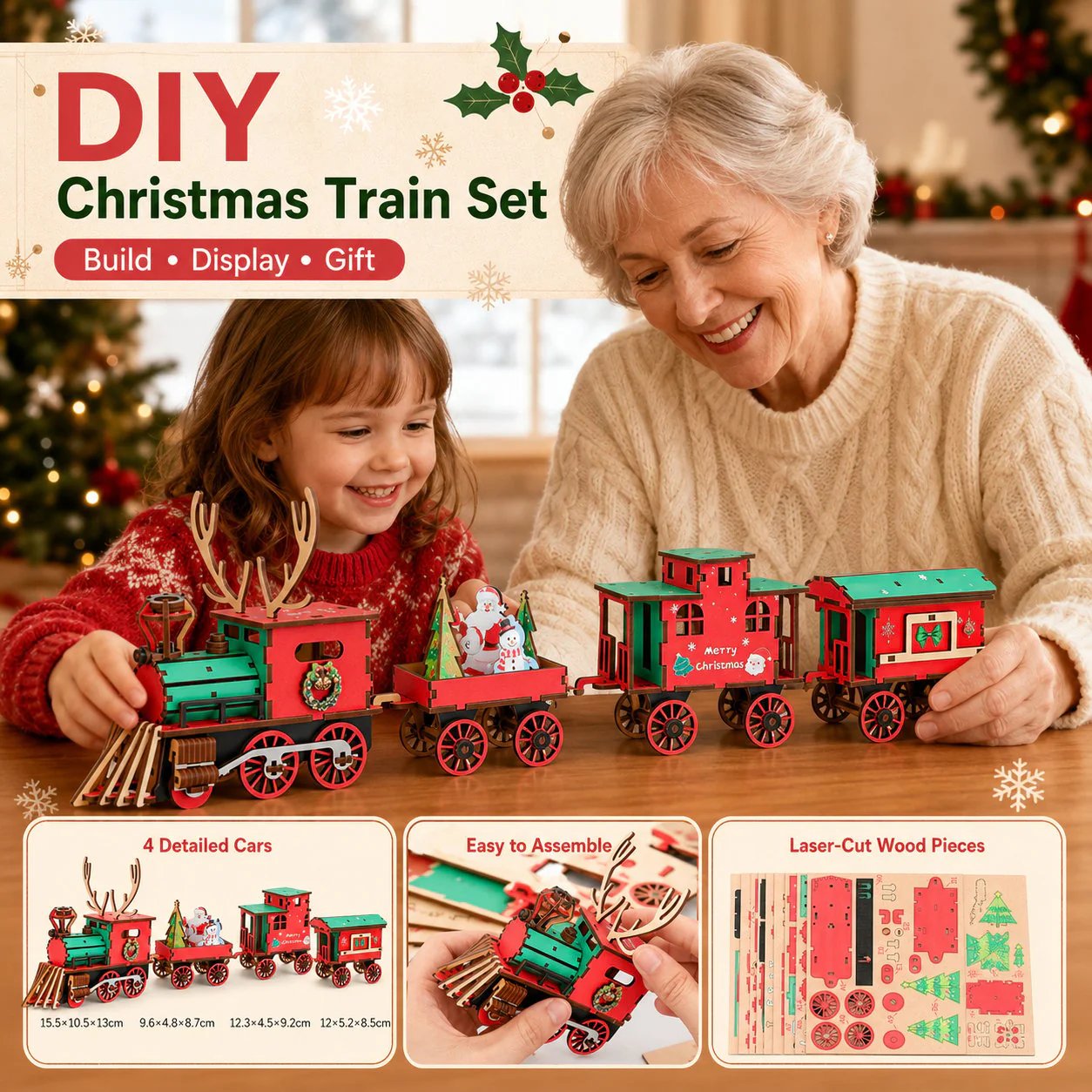 🚂LAST DAY 50% OFF❄️DIY Christmas Wooden Train Set 3D Assembly Puzzle Kit