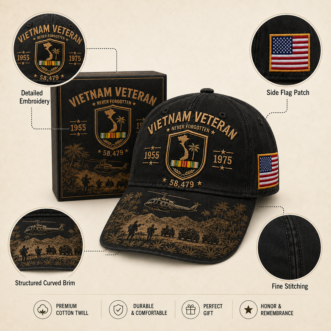 Vietnam Veteran Never Forgotten 1955–1975 Commemorative Cap
