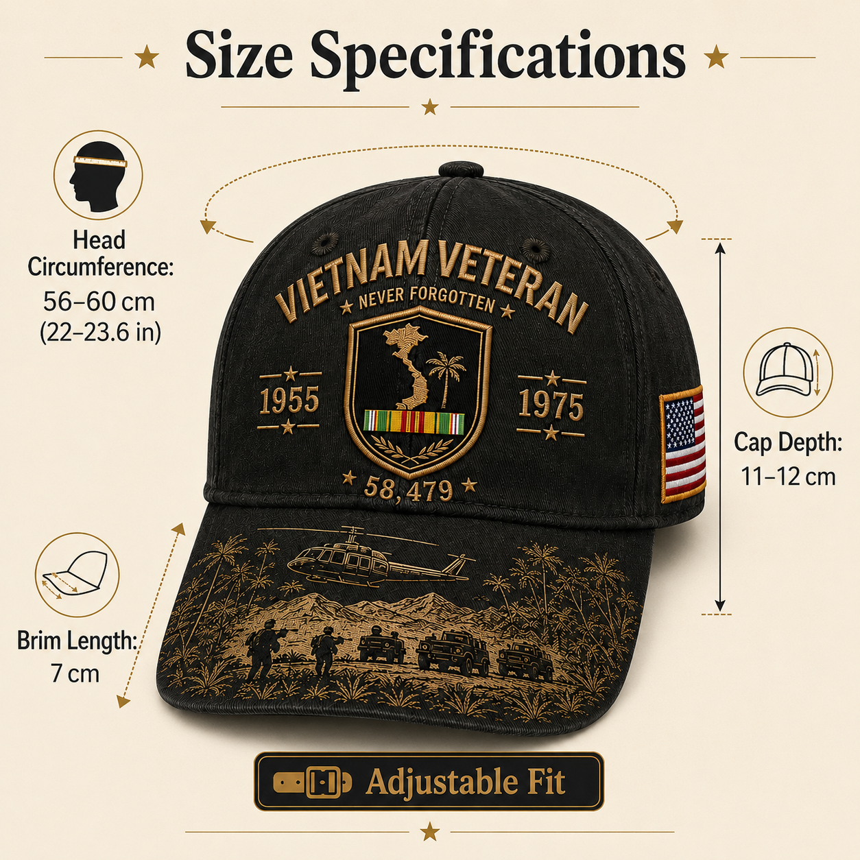 Vietnam Veteran Never Forgotten 1955–1975 Commemorative Cap