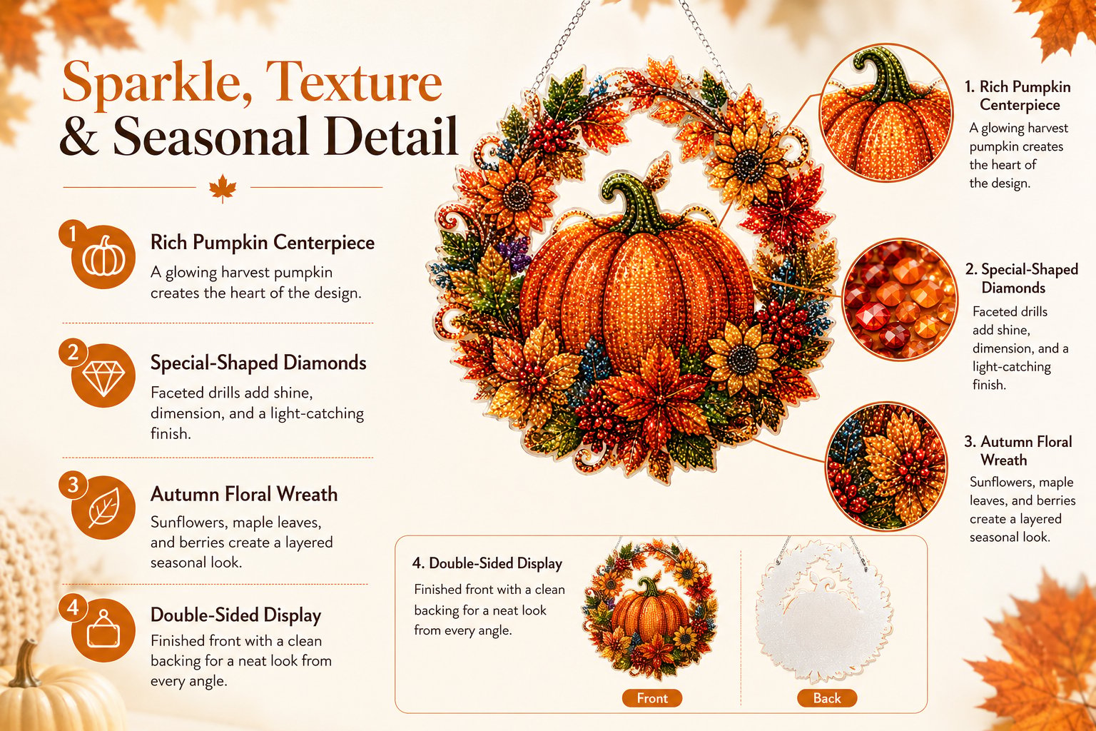 🔥Last Day 49% OFF🔥 - 🍂✨Autumn Harvest Pumpkin Diamond Art Hanging Ornament Kit